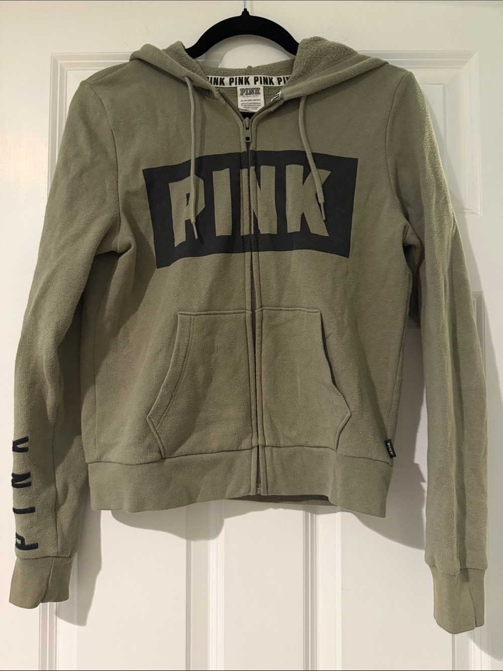 PINK Victoria's Secret Women’s Olive Green Zip-Up Drawstring Hoodie